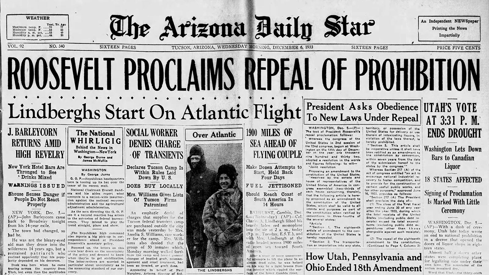 Dec. 6 ӰAV front pages: Prohibition repealed